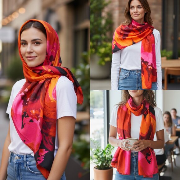 Echo Abstract Silk Square Scarf 38 X 38 - Picture 1 of 10